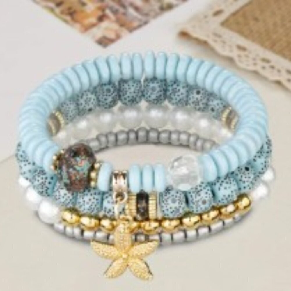 4PCS Starfish Pendant Blue Beaded Bracelet Set Glass Beads Beach Ocean Boho